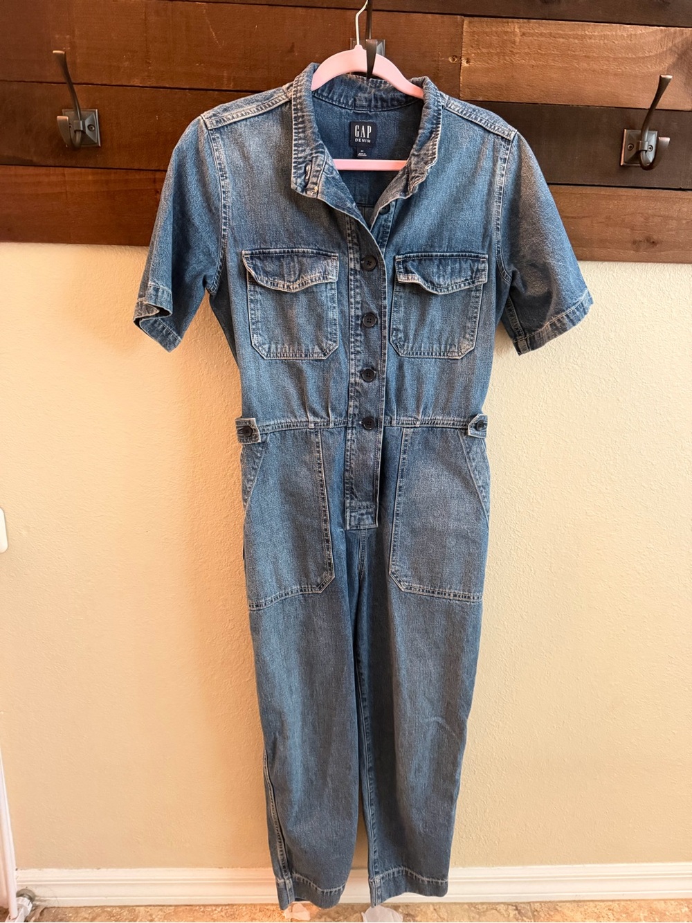 GAP Short-Sleeve Classic Denim Jumpsuit - medium wash